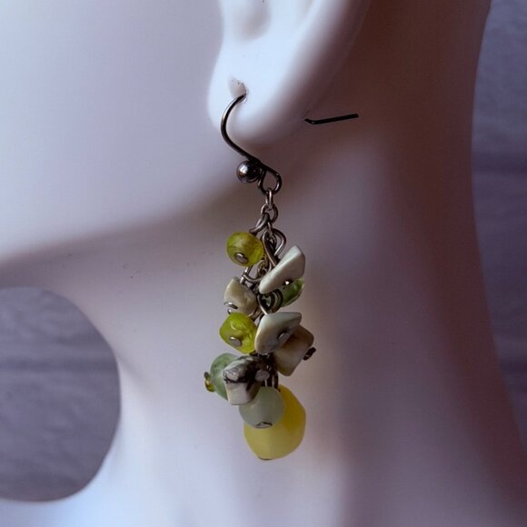 Y2K Chico’s Natural Stone Cluster Dangle Earrings Green Ivory Yellow Drop NOS - Picture 4 of 16